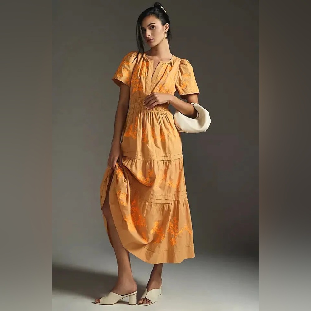 Anthropologie Orange Floral Maxi Dress